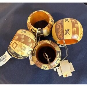 Pier 1 Hand Painted Napkin Wood Rings Abstract Boho Rustic Set Of 4